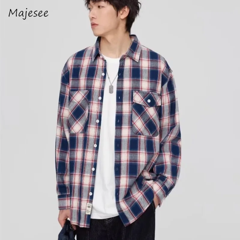 

Plaid Shirts Men Japanese Harajuku Teens Loose Long Sleeve Leisure Outwear Y2k Tops All-match Couples Streetwear Camisas Chic