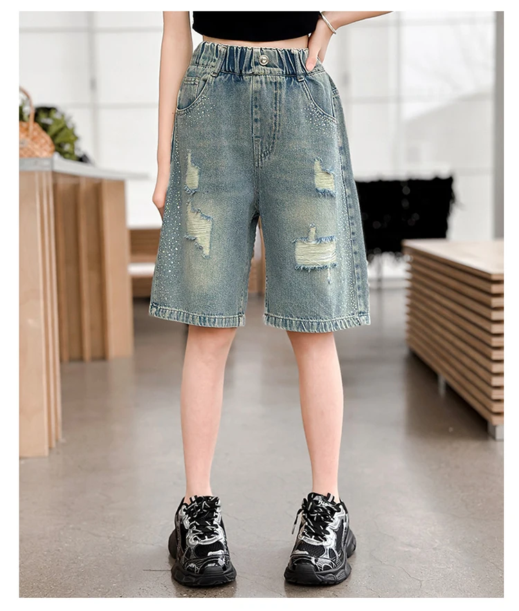 Slim Fit Kinder-Jeansshorts mit Löchern für Teenager-Mädchen, Lässige Sommer-Destroyed-Shorts, Coole Streetwear-Hosen für Kinder – Detail 8