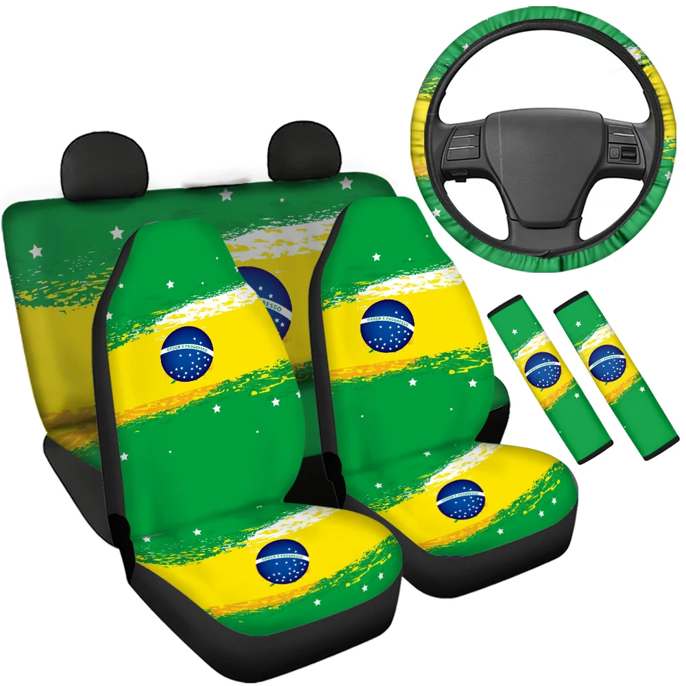 

Brazil Flag Design Anti-Slip Car Seat Cushion for Car Luxury Car Interior Breathable Steering Wheel Cover Durable Seatbelt Cover