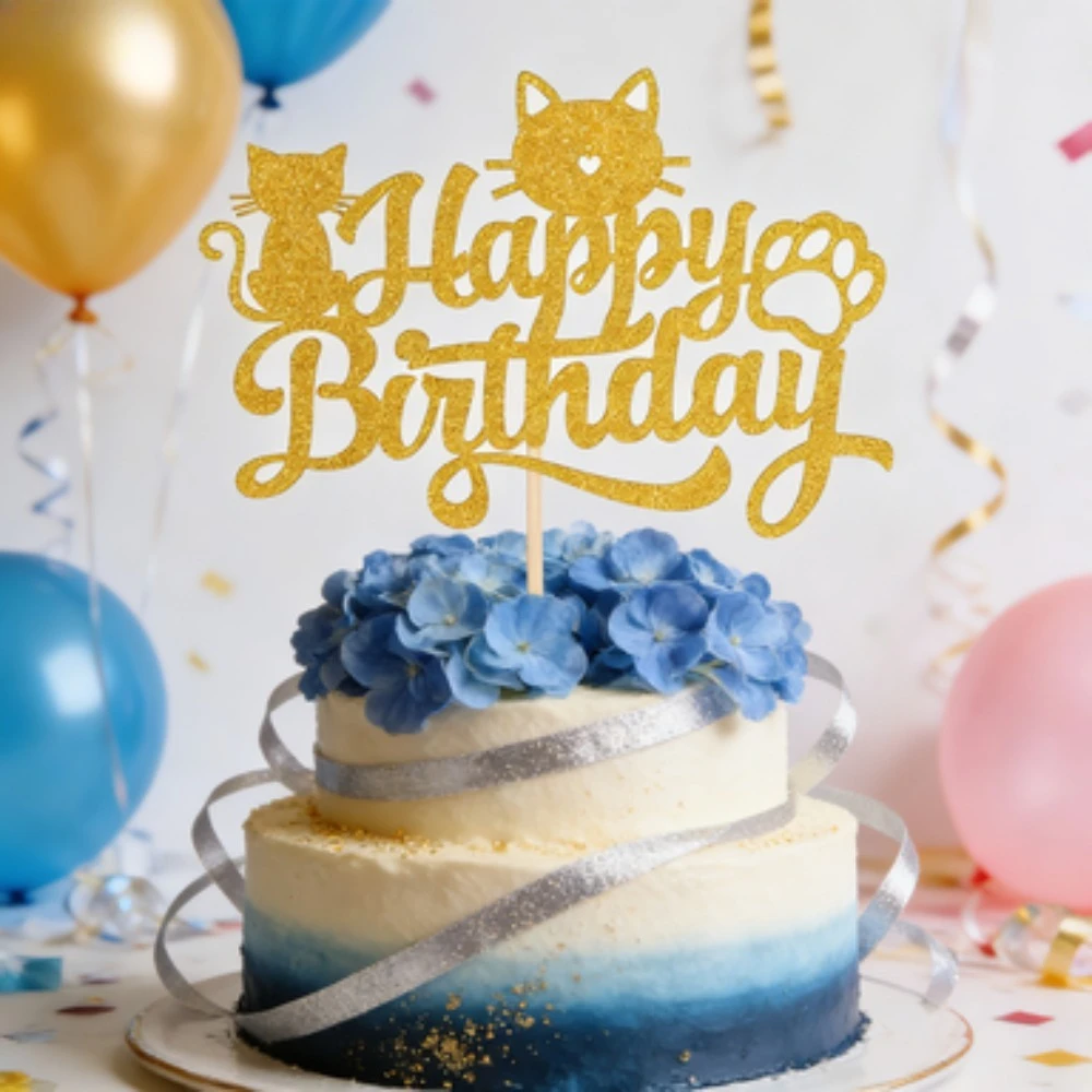 1 Stück Goldener Glitzer-Katzen-Kuchenaufsatz Set Entzückendes Kätzchen-Thema Kuchendekoration für Babypartys, Kindergeburtstage – Detail 6