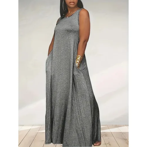 Vestido de verano de talla grande 1XL-5XL para mujer, sin mangas, Color sólido, informal, con cuello redondo, cómodo, a la moda