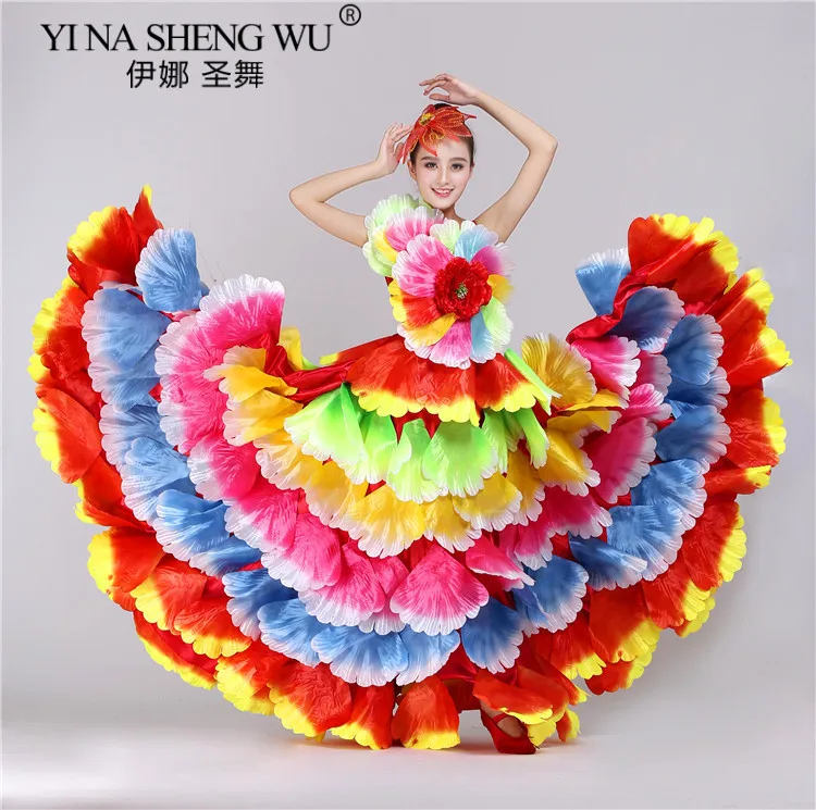 360 grande abertura vestido de dança florescendo flores trajes de desempenho de dança feminino saia grande pétala saia canção dança acompanhamento