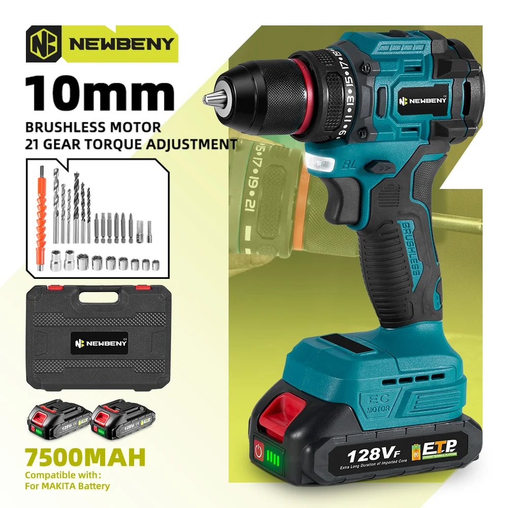 

NEWBENY 10MM Brushless Electric Impact Drill 21 Gears Cordless Multi-Screwdriver Home Power Tools Sets For Makita 18V Battery