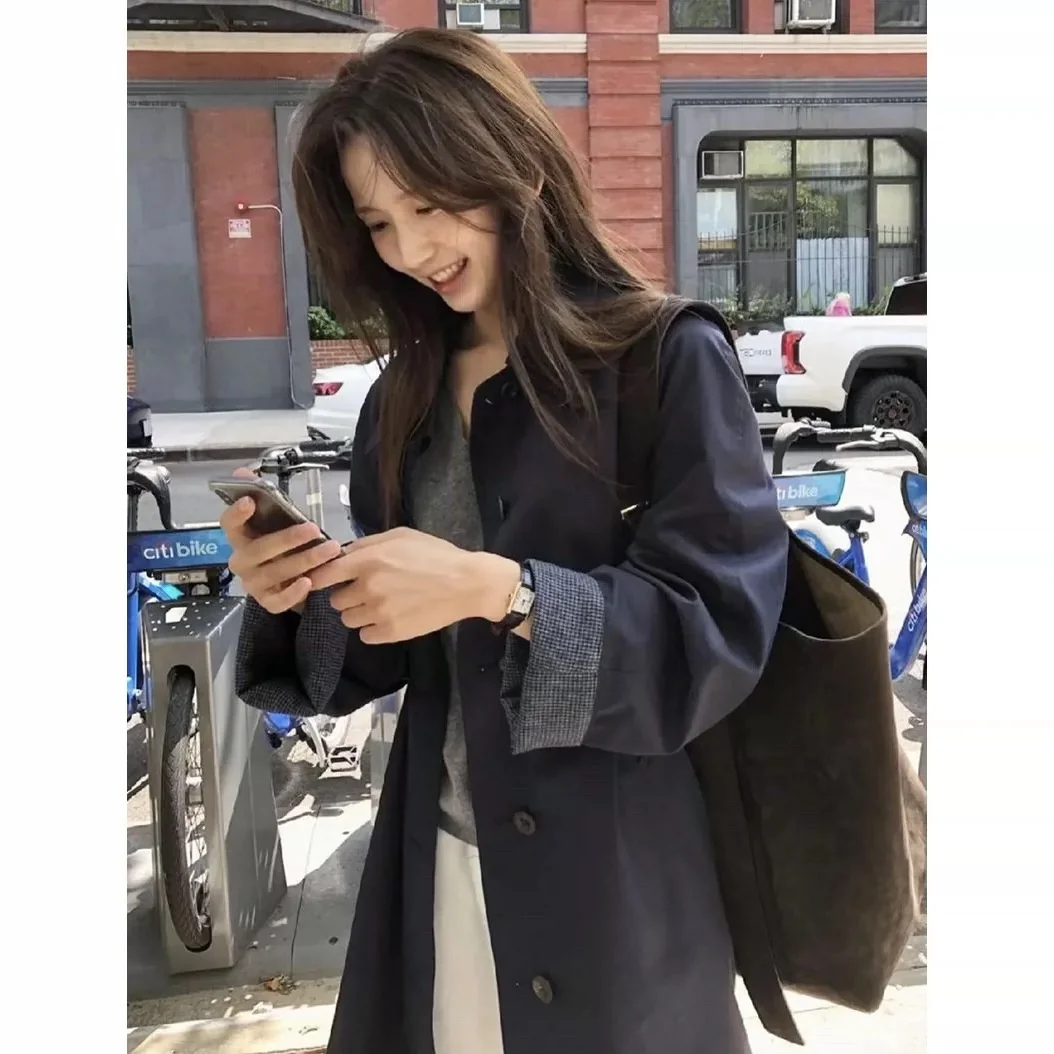 

TheBarnet Mid-Length Loose Fit Thiened Plaid Double-Sided Wear Collar Autumn Windbreaker Coat for Women Korean Sle Long S...