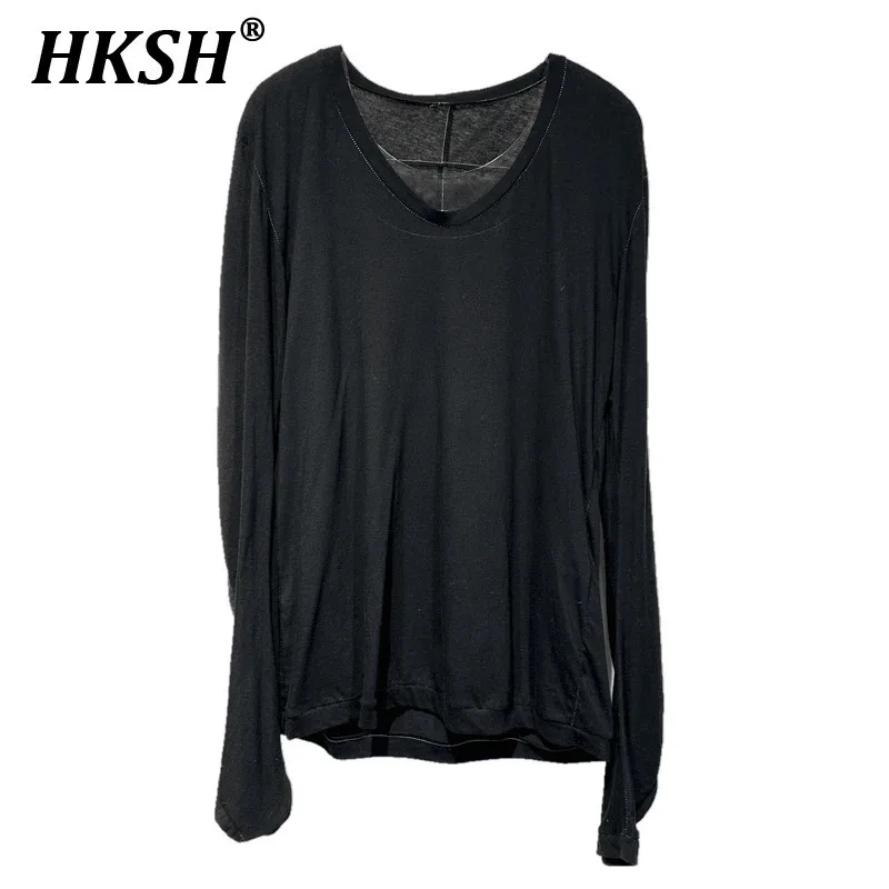 HKSH Spring Autumn New Men's Tide Punk Tees Waste Land Cotton Thread Spiral Sleeve V-neck Long Sleeve T-shirts Chic Dark HK1978