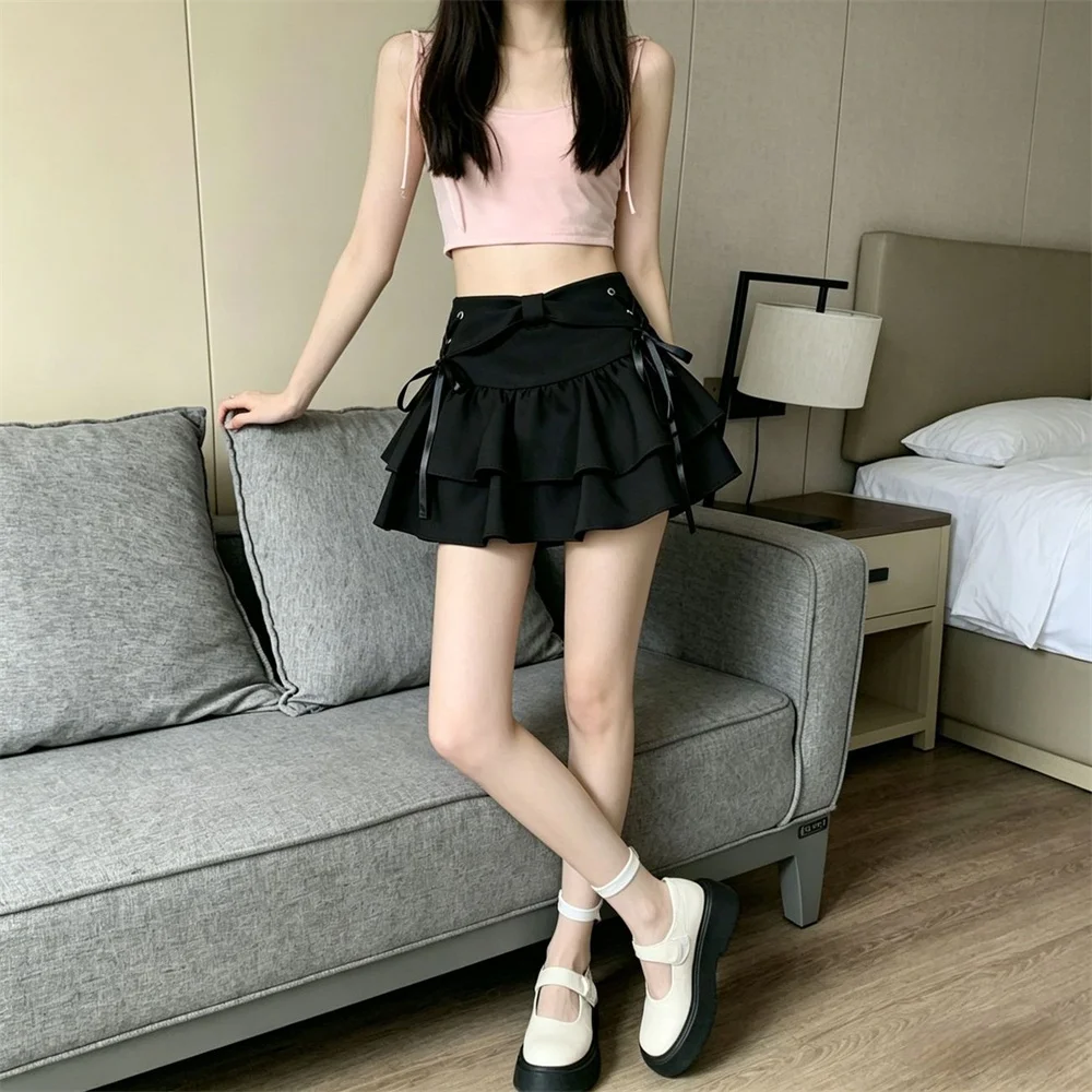 Women's High Waisted Denim Skort Ruffle Layered Mini Skirt Shorts Bow Side Tie Frayed Hem Summer Casual Y2K Streetwear Fashion
