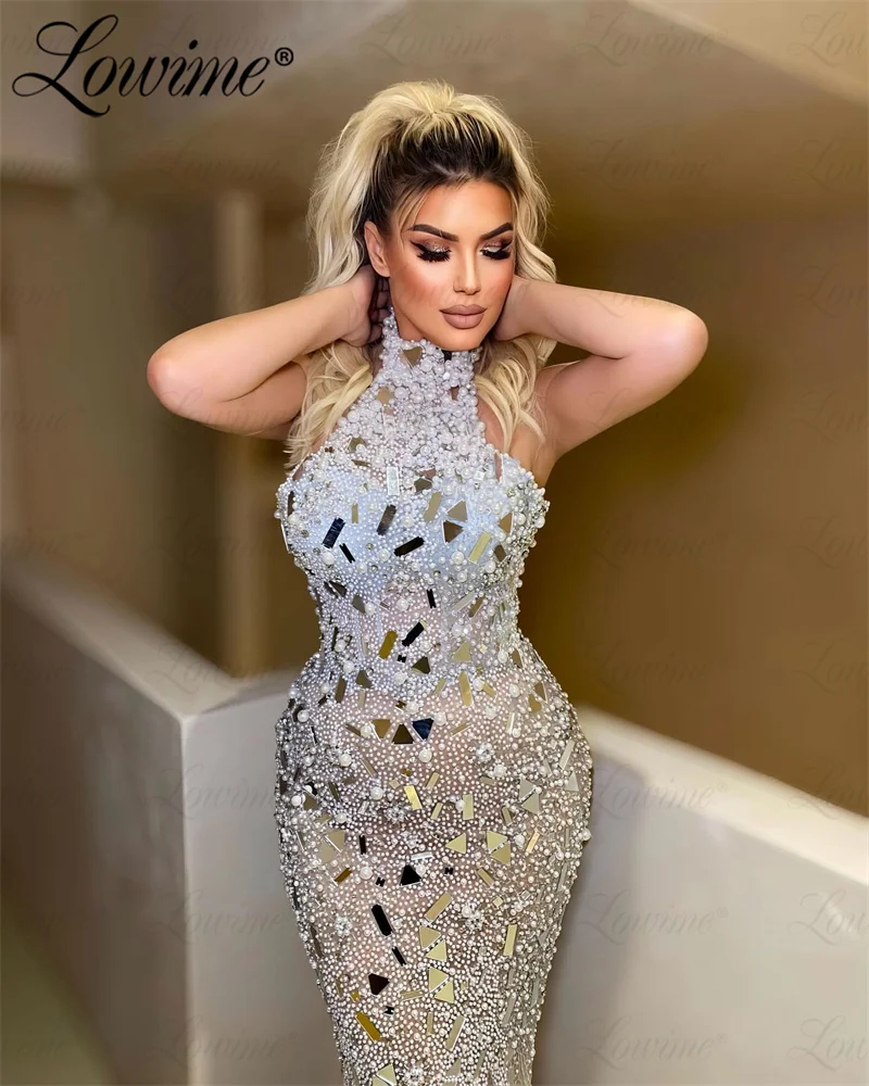 2025 High Neck Mermaid Evening Dress Full Beading Crystals Silver Prom Dress Robe De Soiree Arabic Party Dress Arabia Customized