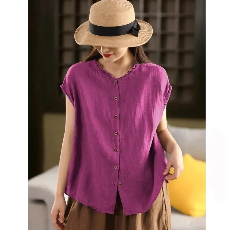 

Women Linen Sleeveless Blouse Ruffled Neck Button-Down Loose Casual Summer Top