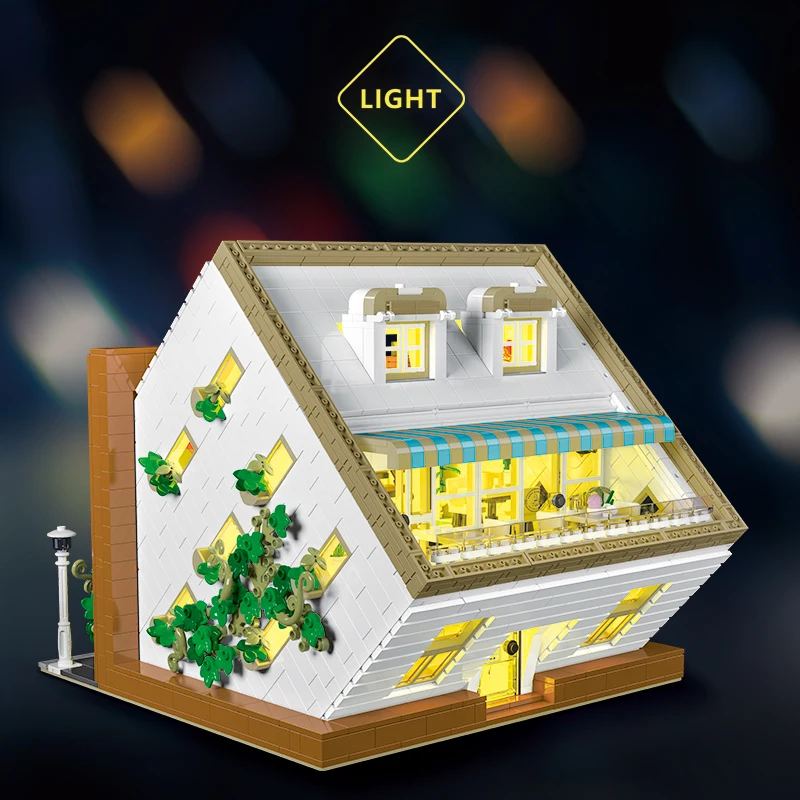MOC Upside Down Cafe Shop Building Blocks Set con luce Interessante casa Negozio Giocattolo fai da te per bambini Compleanno Regali speciali per il giorno