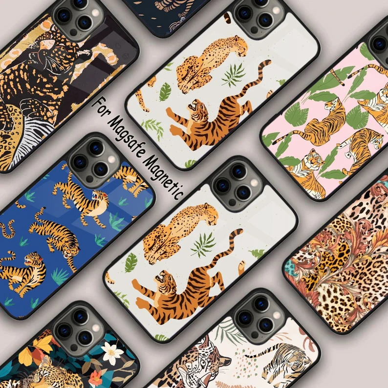 Modern Leopards Tigers Jungle Plants Magnetic Phone Case For APPLE iPhone 16 14 13 12 11 Pro Max 15 Plus With MagSafe Cover