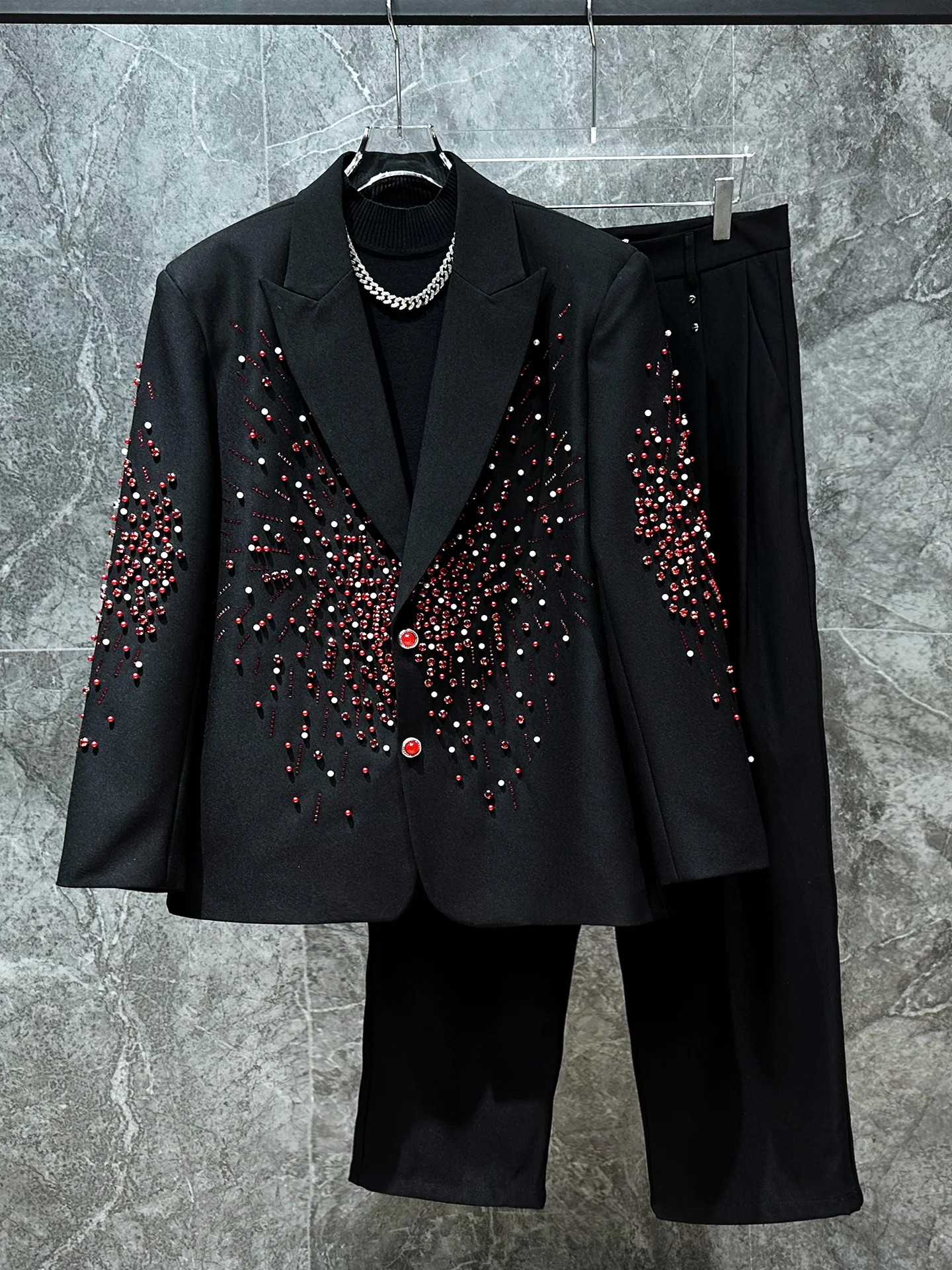 

Модный мужской костюм-двойка для выступлений с бриллиантами, роскошный сценический наряд, трендовый молодежный повседневный осенний комплект