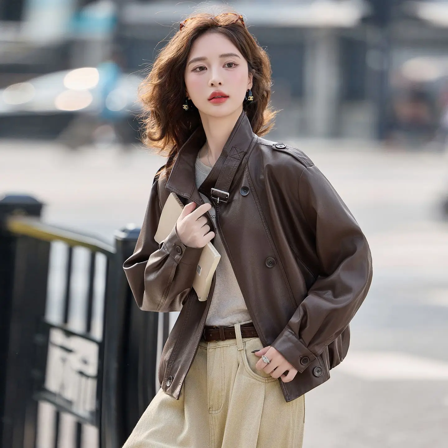 Retro sle feminino ort jaet primavera outono coreano solto casual retro casaco de couro do plutônio na moda fechamento com zíper longo sve