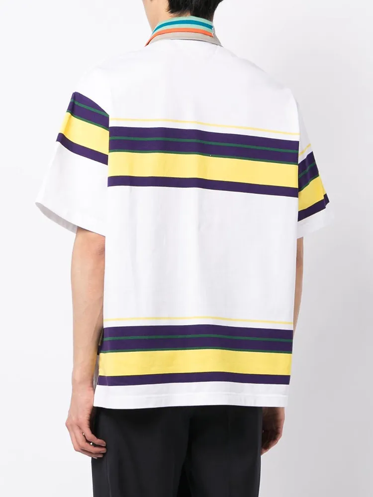 KOLOR Japanese Niche Horizontal Stripe Print Asymmetric Layered Collar Short Sleeved White Shirt for Men