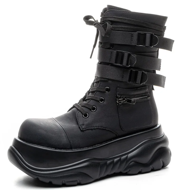 

Thick Soled Personality Internet Celebrity Same Female Punk Dark Thin Heightening Lace Pocket Locomotive High Heel Short Boots