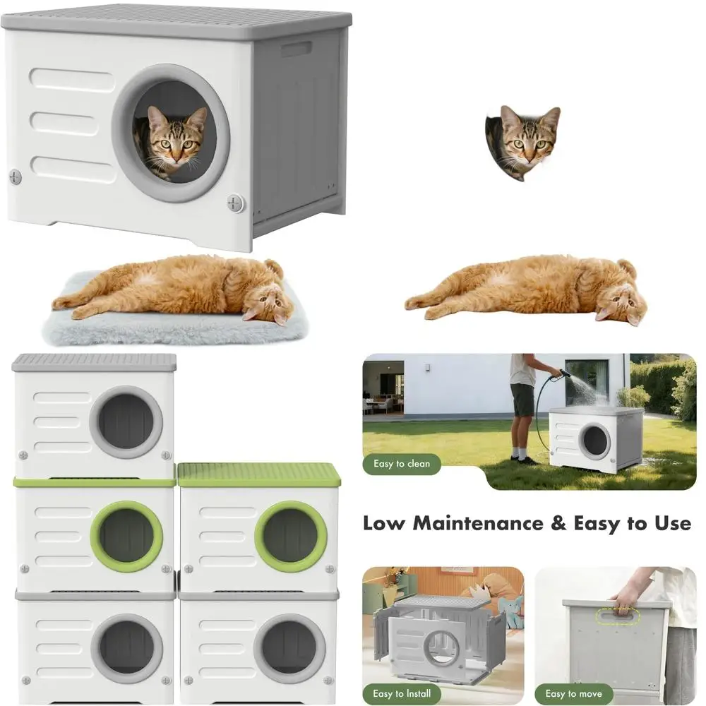 

Прочный устойчивый к атмосферным воздействиям изолированный пластиковый приют для кошек на открытом воздухе/в помещении с подушкой, штабелируемый приподнятый фермерский кошачий домик (серый)