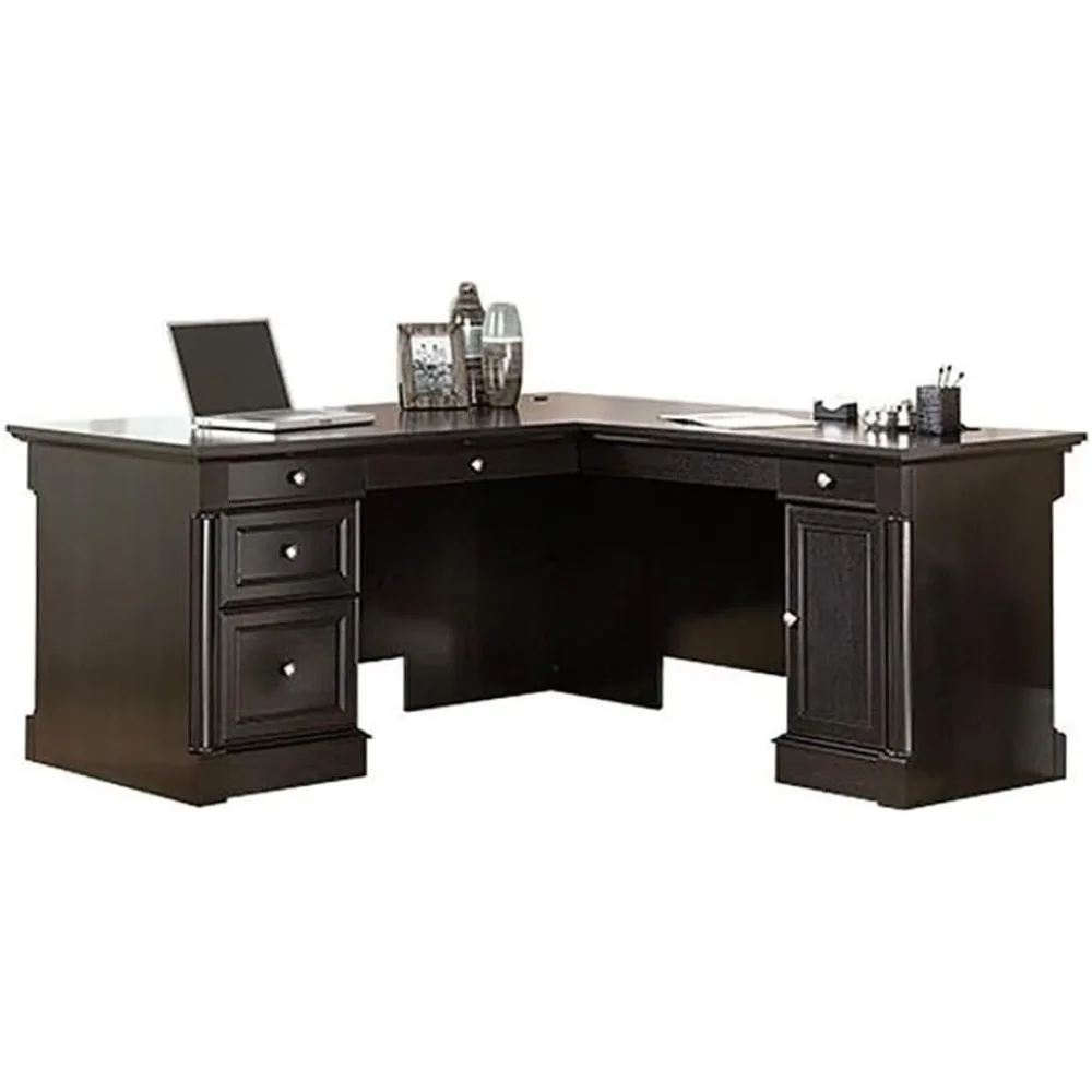 

L-Shape Home Office Executive Desk with Large Drawers, Letter Size Hanging File Drawer and CPU Tower in Wind Oak Finish