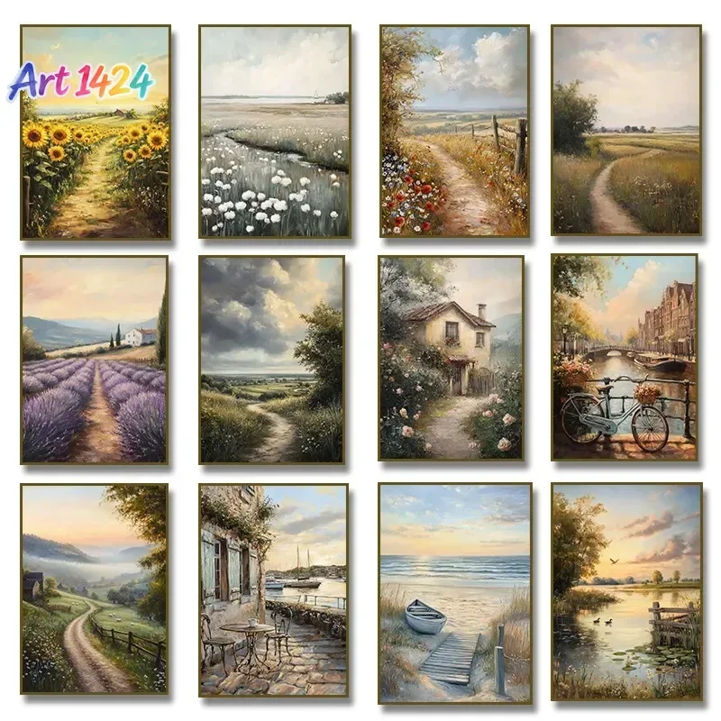 1pc frameless canvas painting Vintage Amsterdam Country Road Rustic Lavender Fields Flower Poster Beach Landscape Canvas Pain