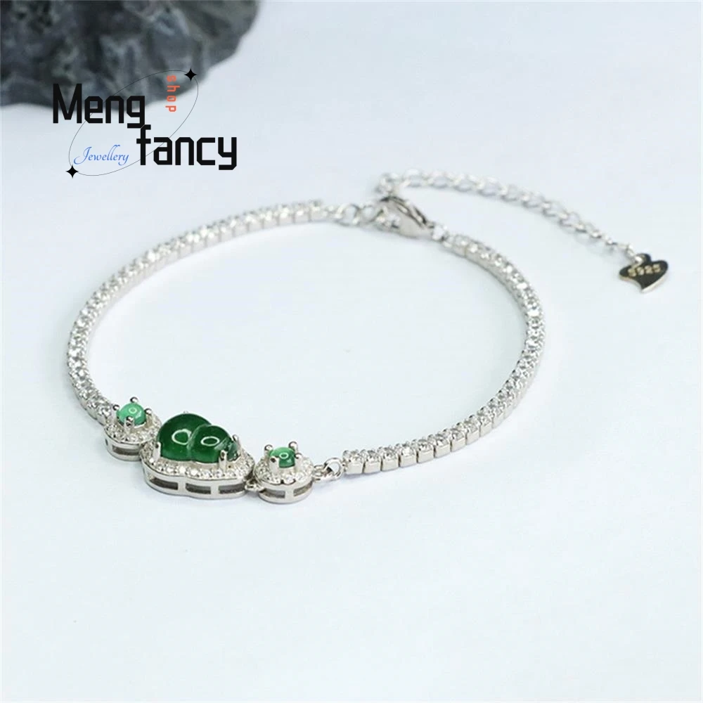 S925 Silver Lnlaid Natural Jadeite Ice Type Imperial Green Gourd String Bracelet Exquisite Elegant High-grade Fashion Jewelry