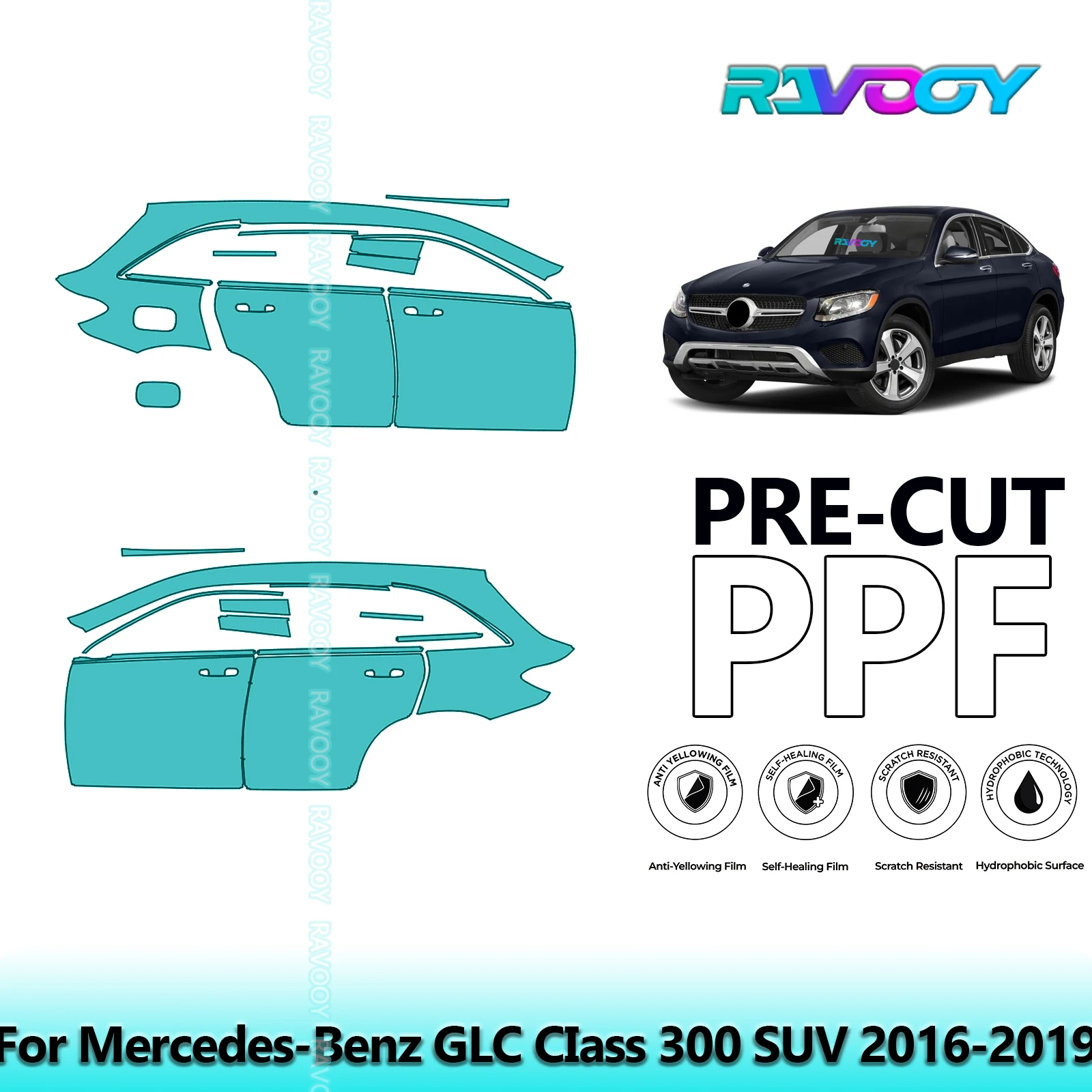 

For Mercedes-Benz GLC CIass 300 SUV 2016-2019 8.5mil Clear Matte Pre-Cut PPF Door & A/B Pillar Kit TPU Paint Protection Film Set