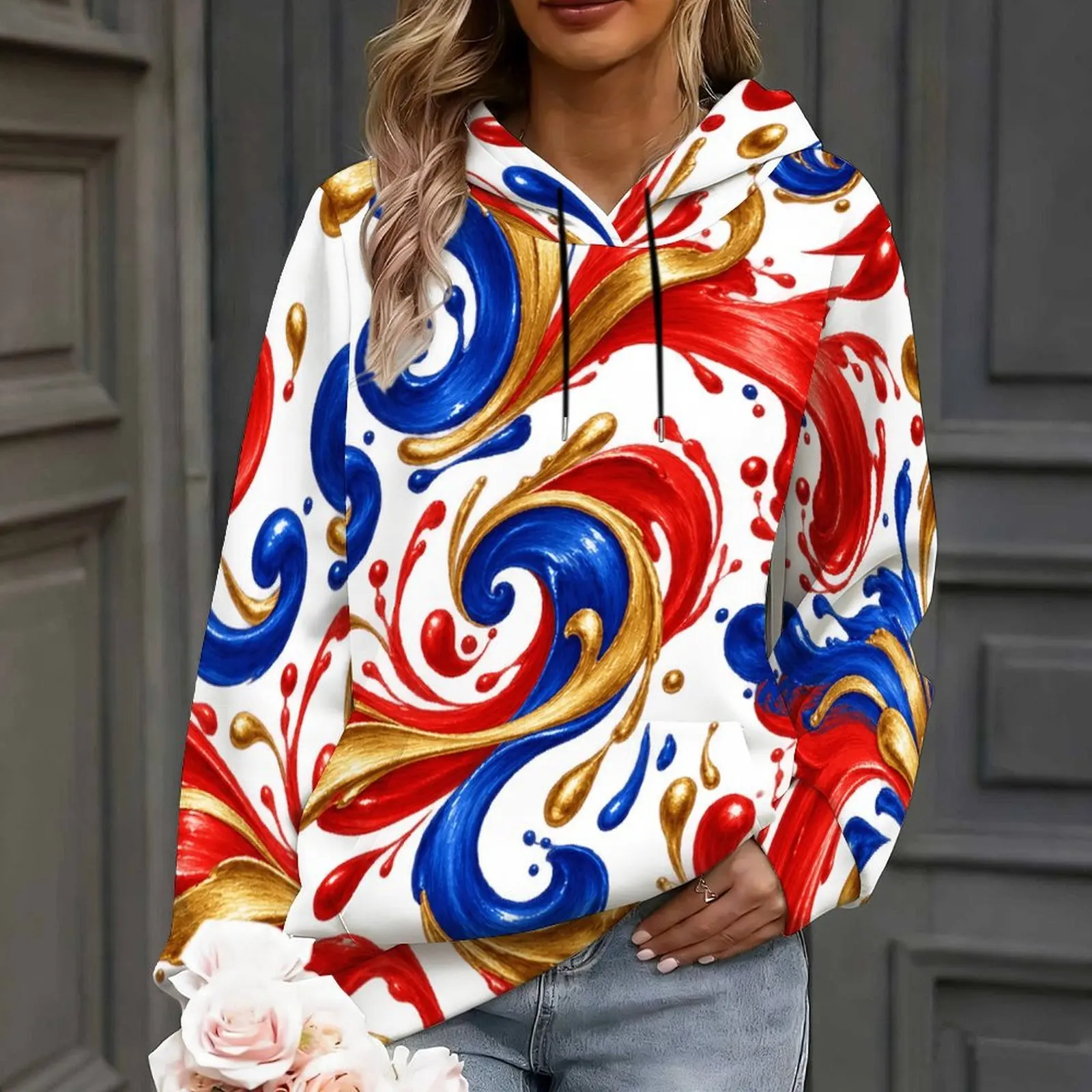 Women Green Yellow Orange Abstract Art Printed Long Sleeve Drawstring Hood Pullover Hoodie