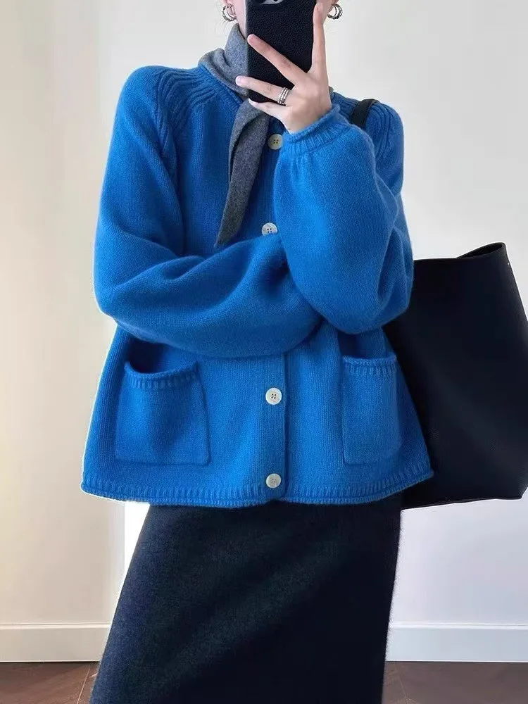 

Blue Knitted Sweater Women 2025 New Chic Elegant Single-Breasted Lantern Sleeve Pocket Cardigan Top Female Casual Loose Outwear