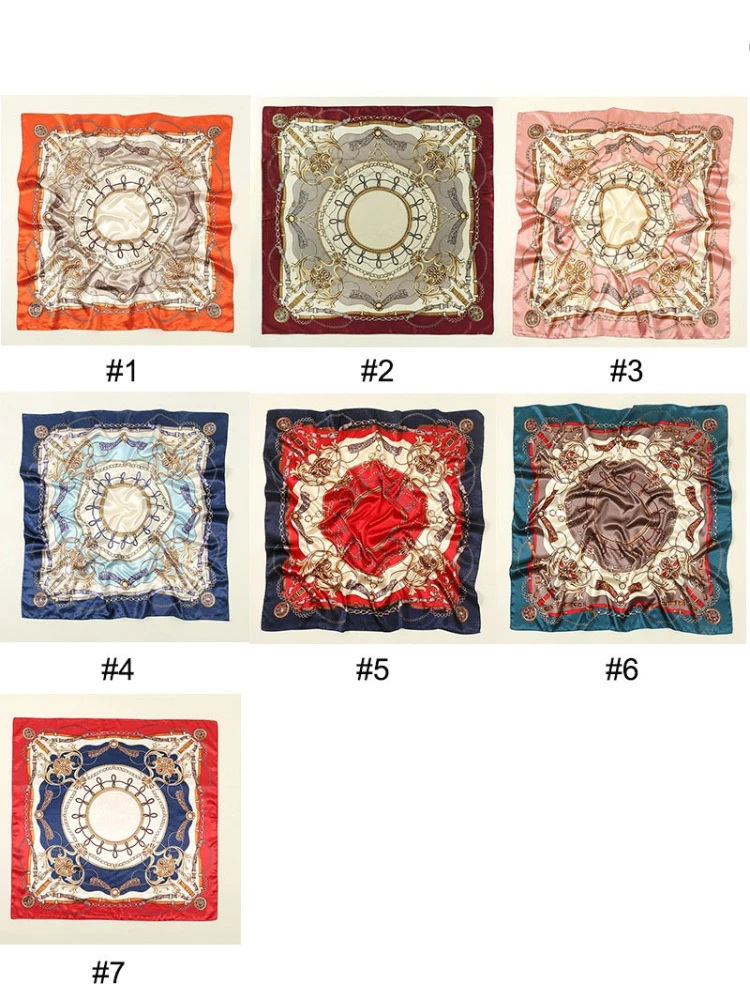 European and American new chain rope printed bag head square scarf, elegant temperament simulation silk 90cm large silk scarf