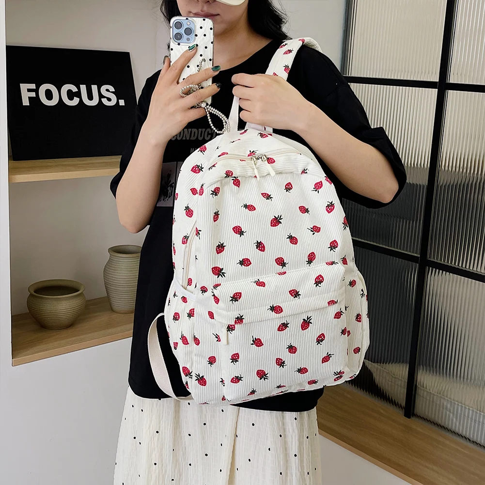 

Corduroy Strawberry Backpack Students School Bag Large Capacity Trendy Book Bag Multi-pockets Adjustable Strap for Women Girls
