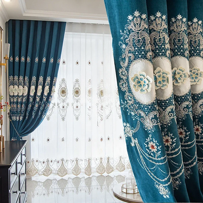 European Classical and Luxurious Curtains Physical Shading Precision Knitted Blue Curtains Chenille Fabric Embroidered Curtains