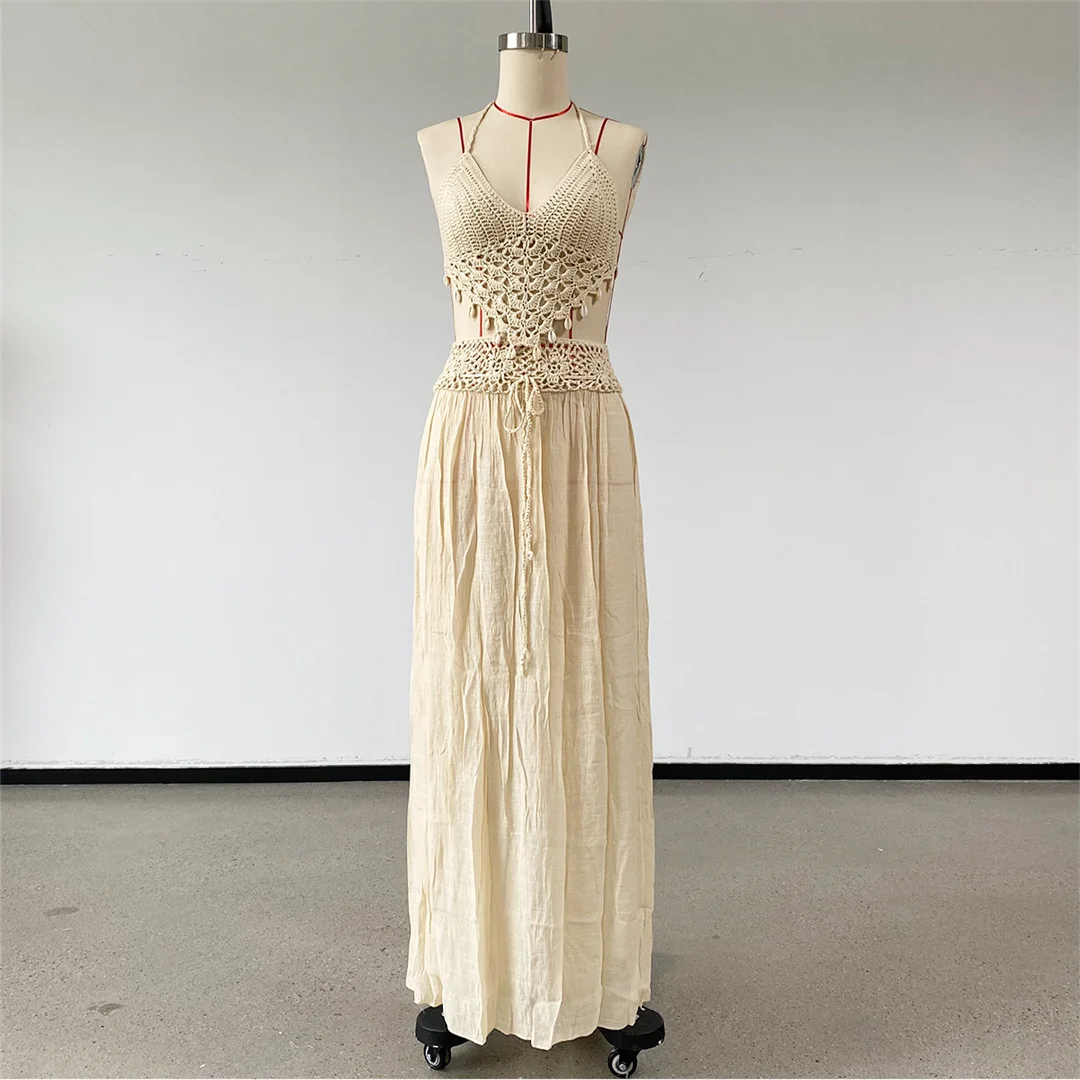 Quasten-Neckholder, gehäkelt, gestrickt, zweiteiliger Anzug, Tunika, Strand-Cover-up, Strandkleid, Strandmode, Damen, V8429 – Detail 12
