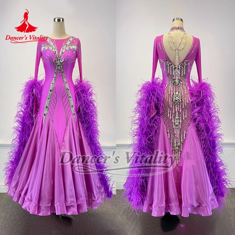 الكبار الفالس الرقص الاجتماعي الأرجواني ريشة النعام طويلة الأكمام AB الأحجار الكبيرة سوينغ فساتين فاخرة مخصصة حيوية الراقصة