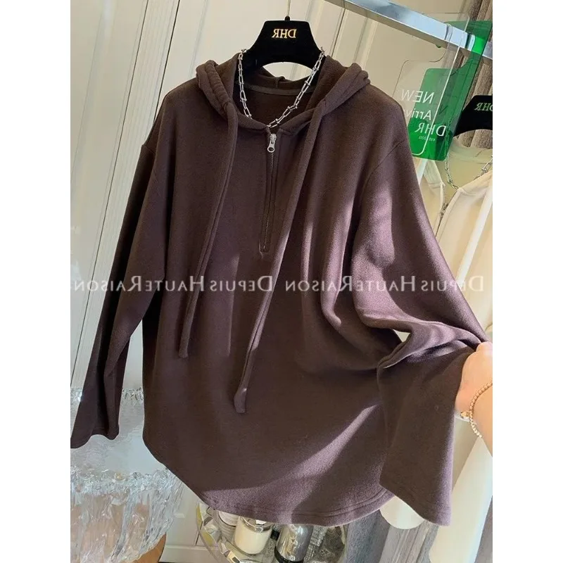 ソリッドカラーのプルオーバーフード付きスウェットシャツ、女性用、秋と冬、厚みのあるジッパー付き長袖スポーツカジュアルトップ