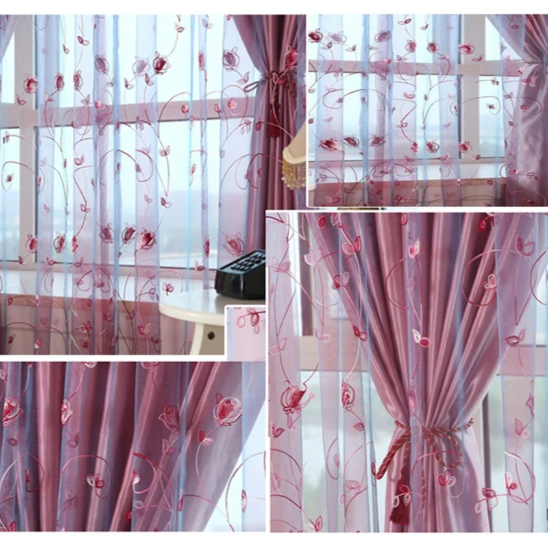 European Window Purple Rose Embroidered Bedroom Curtains Floral Sheer Voile Romantic Pink Living Room Curtians Tulle 256&30