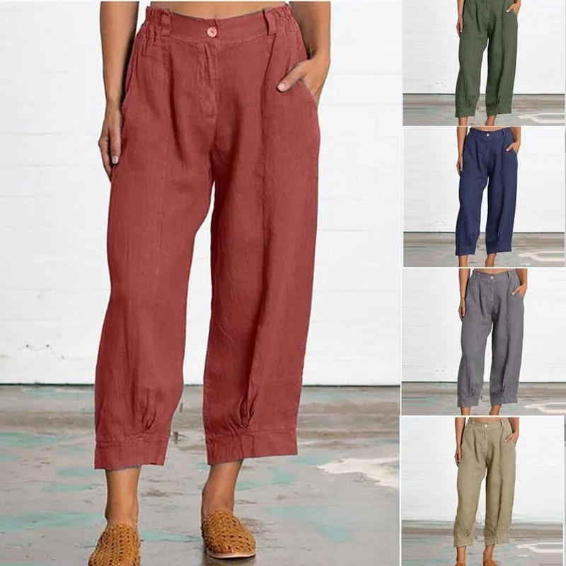 

Женские хлопковые брюки больших размеров, прямые повседневные брюки в стиле ретро, льняной материал на талии для женщин среднего возраста