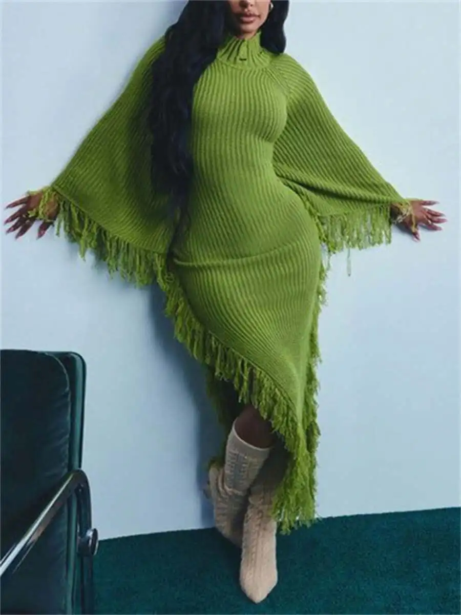

Olive Green Ribbed Knit Batwing Dress with Fringe Trim, High Neck, Asymmetrical Hem
