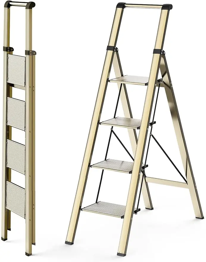 Step Ladder 4 Step Folding, Lightweight Portable Stepladder, Aluminum Step Stool for Library, Home, Kitchen - Gold