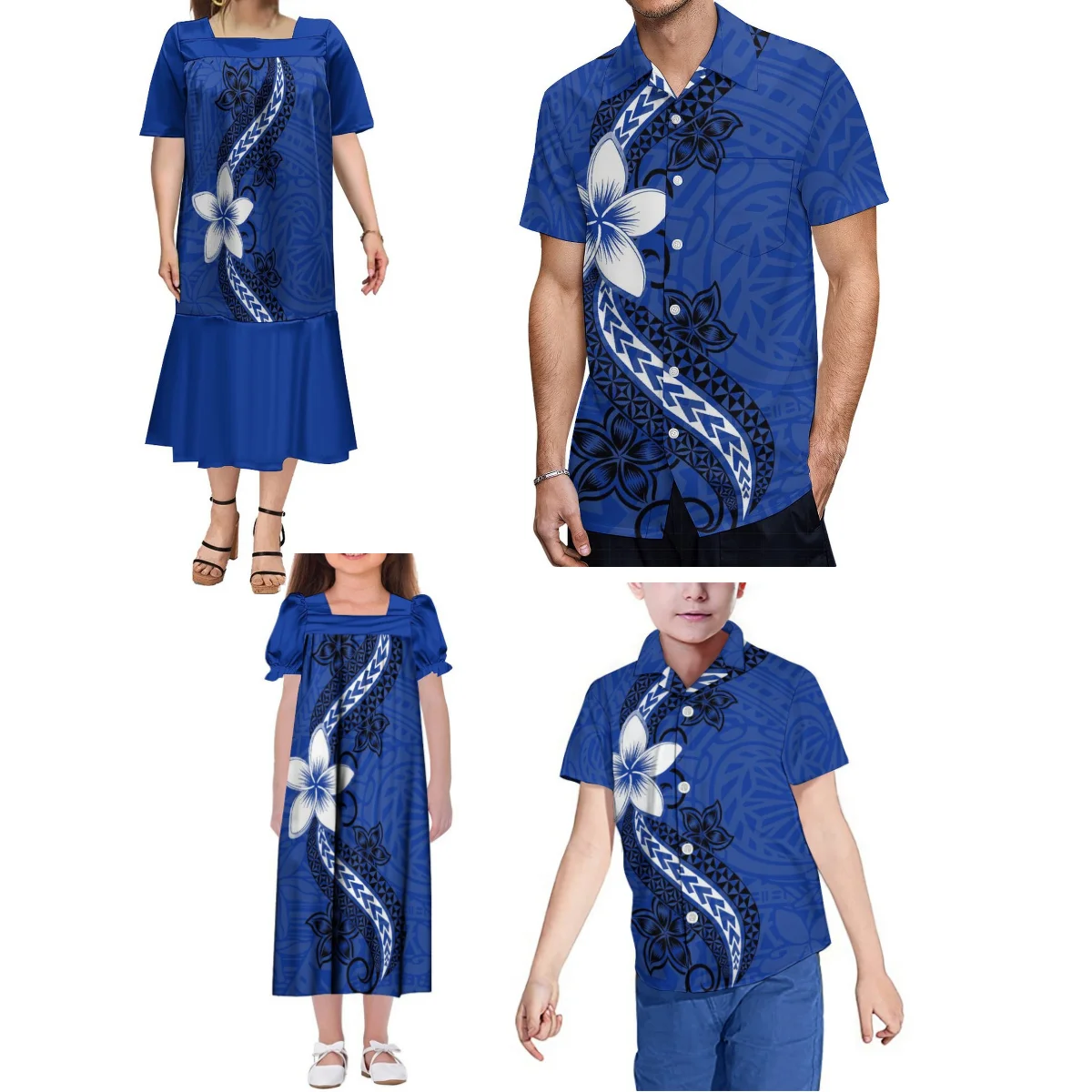 Micronesia Couple Set Fashion Women'S Mumu Dress Party Fishtail Maxi Dress For Girls And Men'S Shirt For Boys' Shirt Family Set