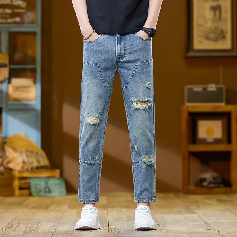 26 New Men's Jeans Retro Distressed Classic Slim Fit With Small Feet Y2K Daily Casual High-quality Pants Suitable All Seasons