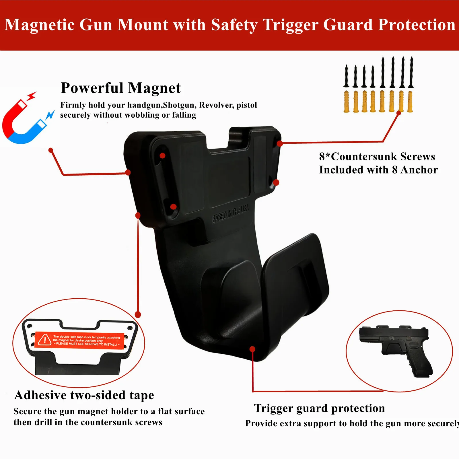 Magnetic Gun Mount with Safety Trigger Guard Protection, Gun Magnet Mount Holster Gun Holder Rack for Pistol Handgun