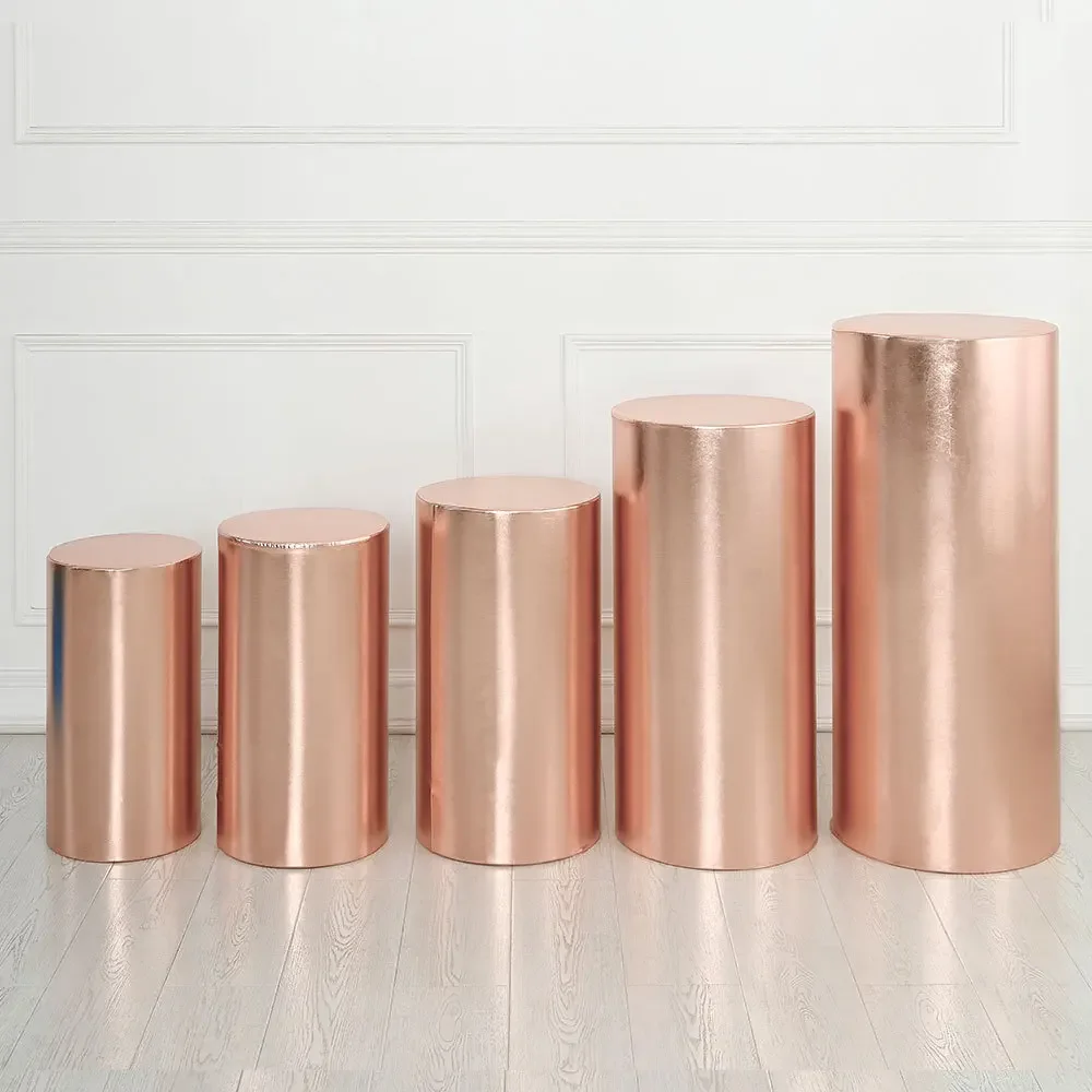 5pcs Solid Color Pedestal Gold Shiny Metallic Fabric Cover Plinths Elastic Cylinder Table Covers Party Decoration