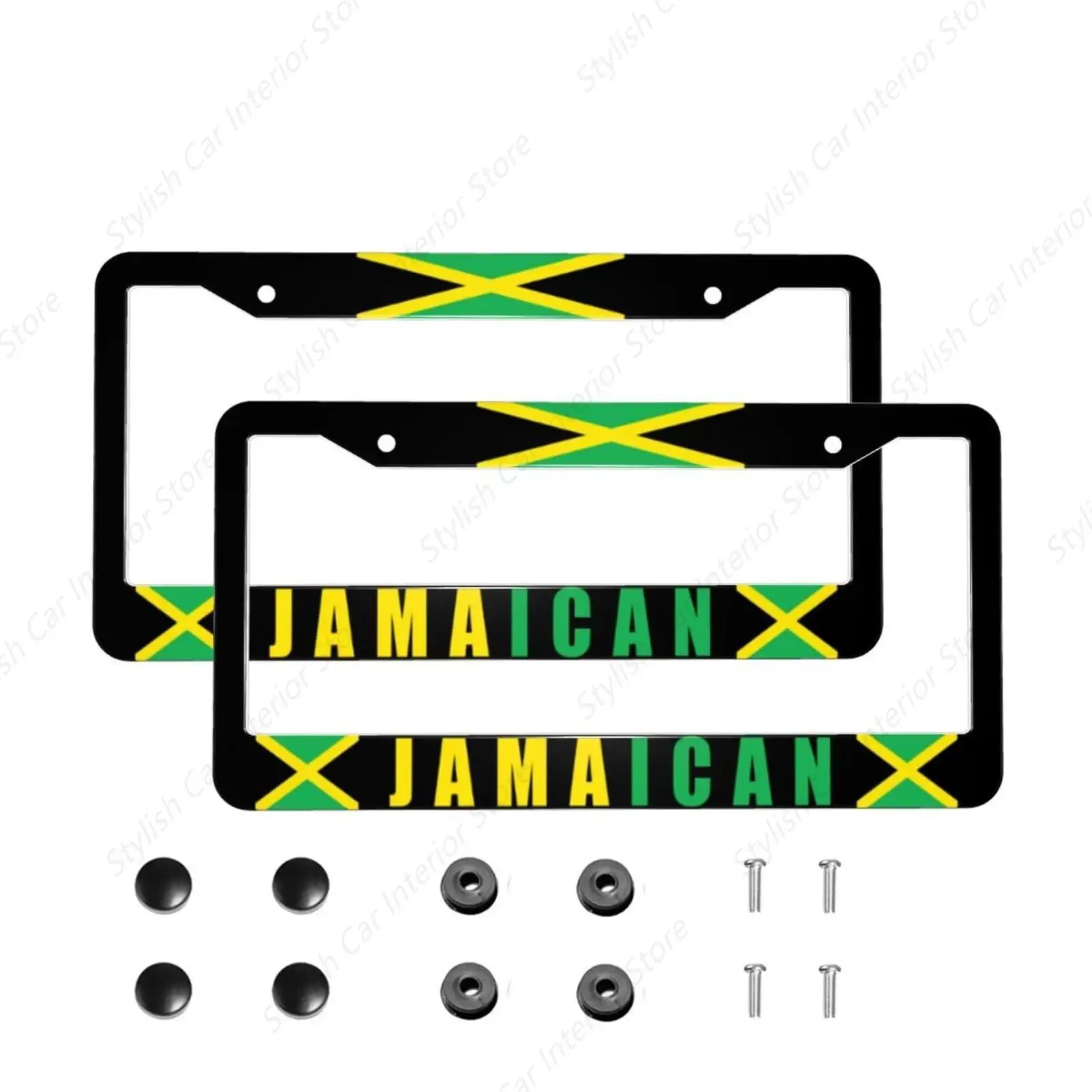 

Рамки для номерных знаков Ямайского языка - 2 шт. держатель номерного знака с флагом Ямайки, декор из алюминиевого сплава, автомобильные аксессуары