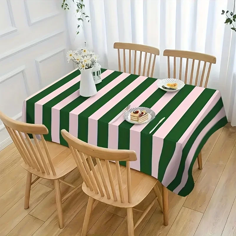 One elegant linen tablecloth - green and pink horizontal stripes on the surface - machine-washable linen fabricxzj