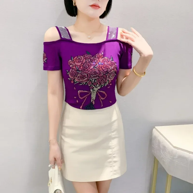 

Luxury High-end Design Shiny Diamond T-shirt Summer Women Clothes Trend Skinny Tops Off Shoulder Short Sleeves Mesh Tees Floral