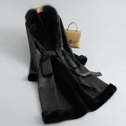 Female 2024 New Winter Fox Fur Collar Long Parka  Women Real Rabbit Hair Liner Slim Warm Coat Jacket JT453