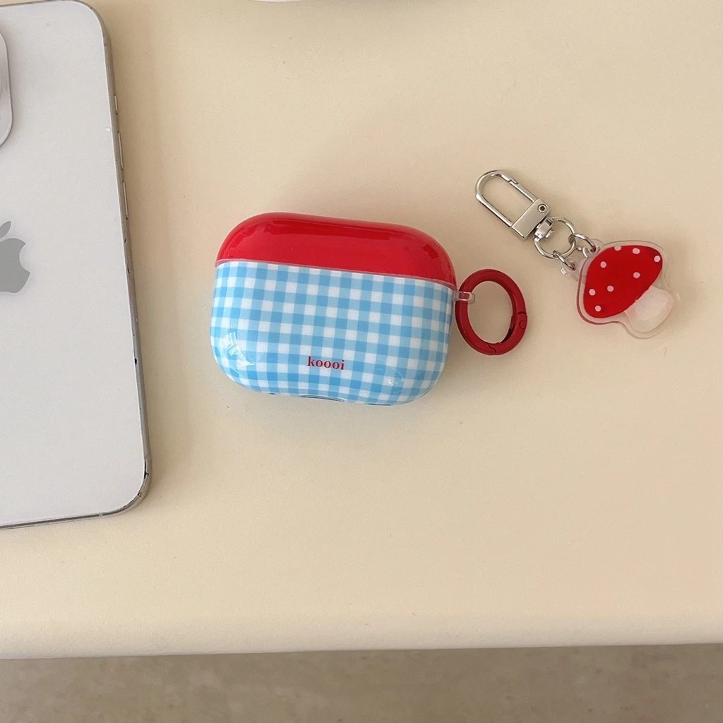 Ins Red Blue Checkered Pattern Cute Mushroom Pendant Cover Case for AirPods 1 or 2 3 4 Pro Pro 2