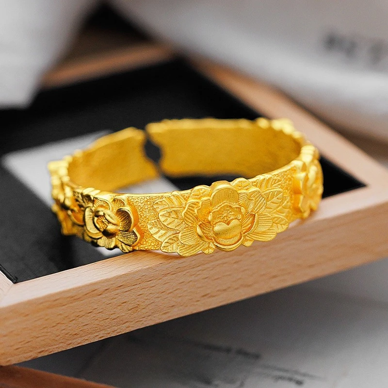 

18 K Gold Color Wealthy Wide Face Peony Flower bangle for Women Genuine Solid Gold Color Open Bangle Wedding Luxury Jewelry