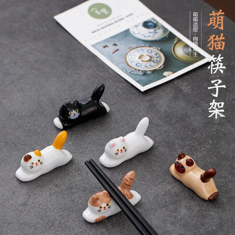 Japanese Style Underglaze Ceramic cute cat Chopstick Holder Tableware Restaurant Simple Oval Spoon Bracket Utensil For Kitchen