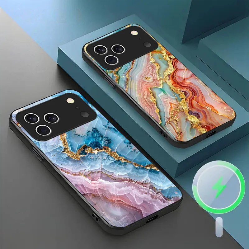 

For iPhone 17 Pro MAX Magnetic Glass Phone Case Printed Rainbow Marble Pattern Design Dust Protection Cover for Girls