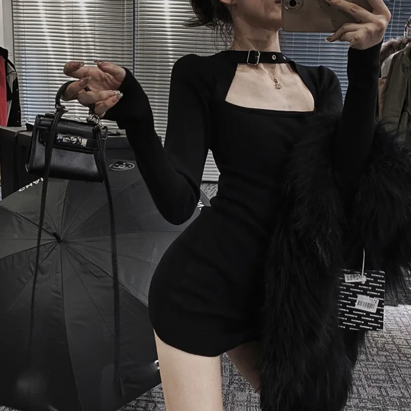 

Black Slimming Dress Women's Autumn Winter New Style Sexy Spicy Girl Long Sleeve Waist Look Slim Design Feel Bag Hip Skirt