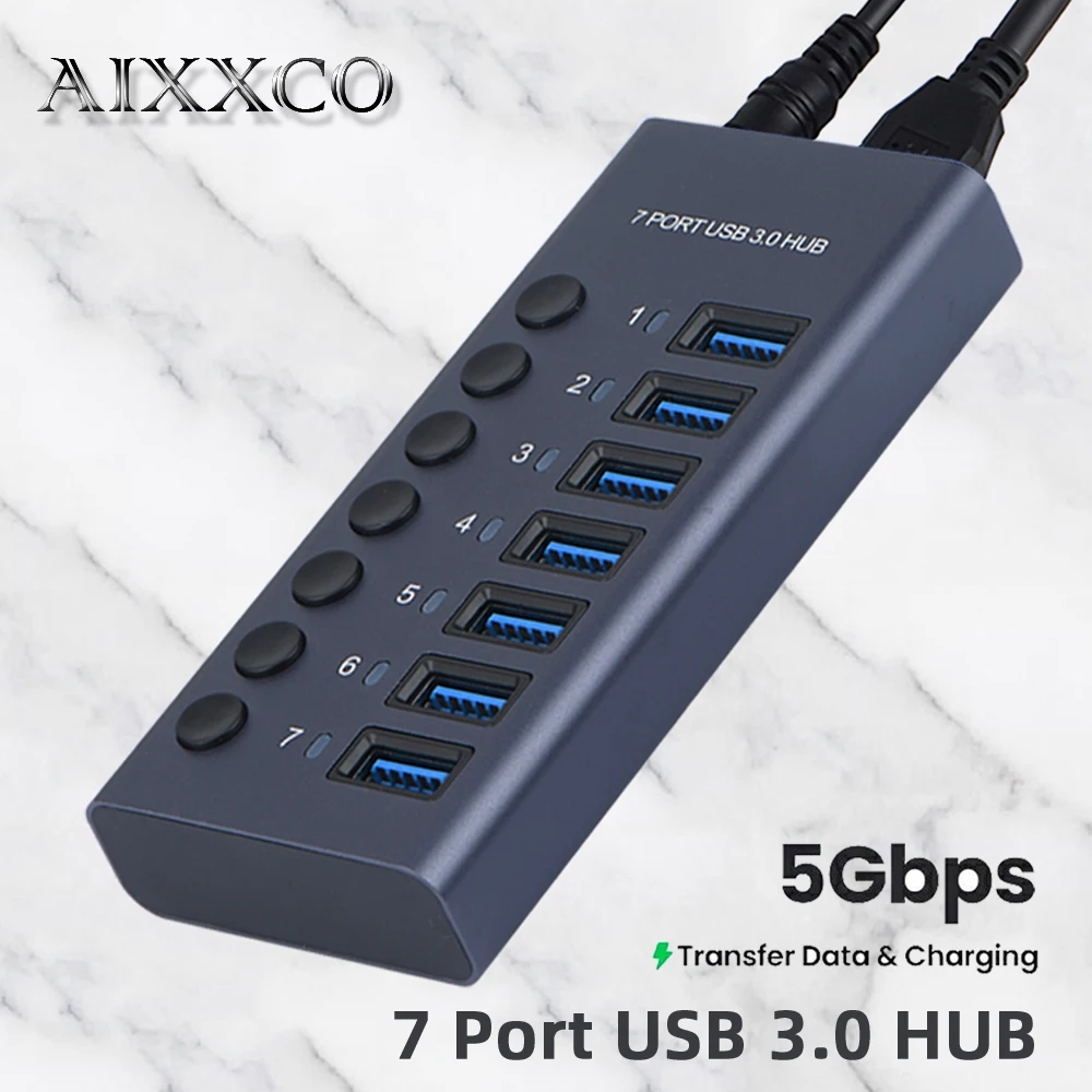 

AIXXCO USB3.0 Hub Алюминиевый промышленный 7-портовый разветвитель с адаптером питания 12 В для зарядного устройства Macbook PD