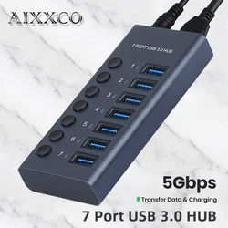 AIXXCO USB3.0 Hub Aluminum Industrial 7-Port Splitter Split Switch with 12V Power Adapter for Macbook PD Charger